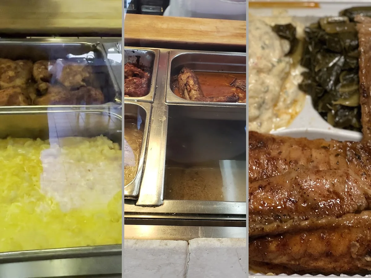Comfort food plates on a casual restaurant table.