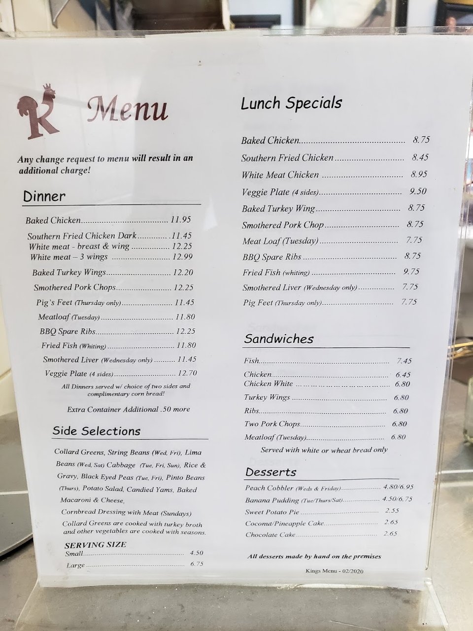 Dessert and side selections on a restaurant menu.